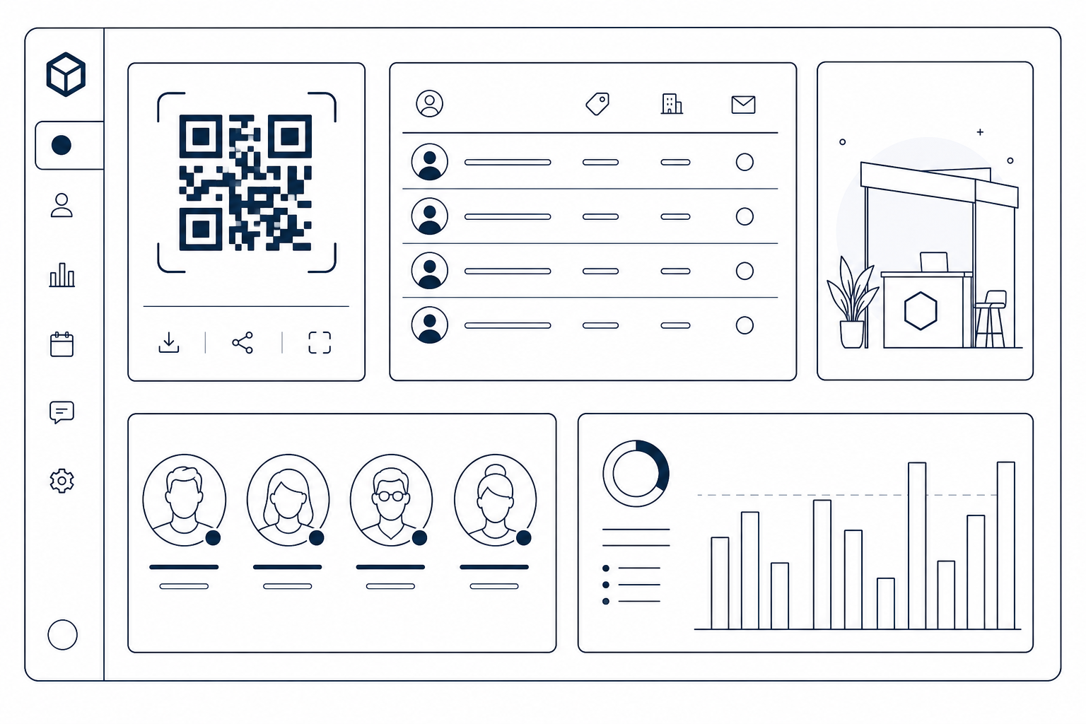 Exhibitor dashboard with QR code, leads, and analytics